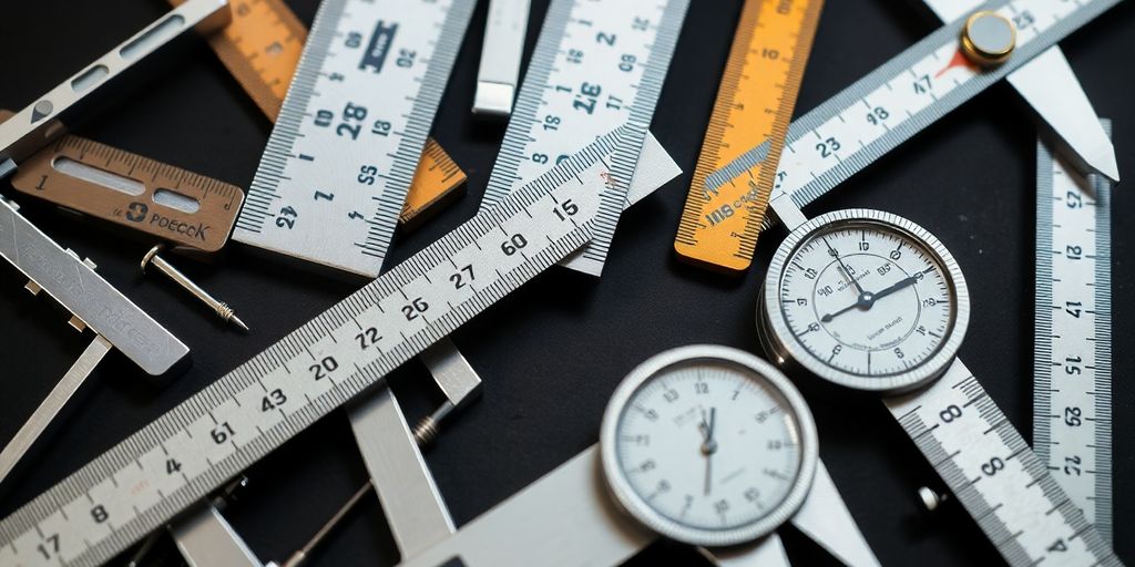 Verschiedene metrische Messwerkzeuge in einem wissenschaftlichen Umfeld.