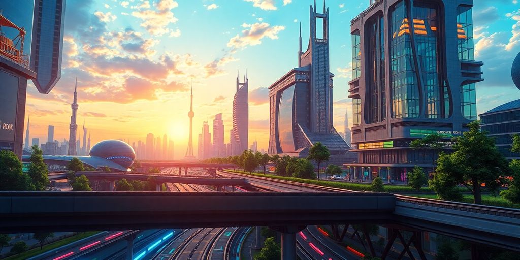 Futuristische Stadt mit moderner Architektur und Technologie.