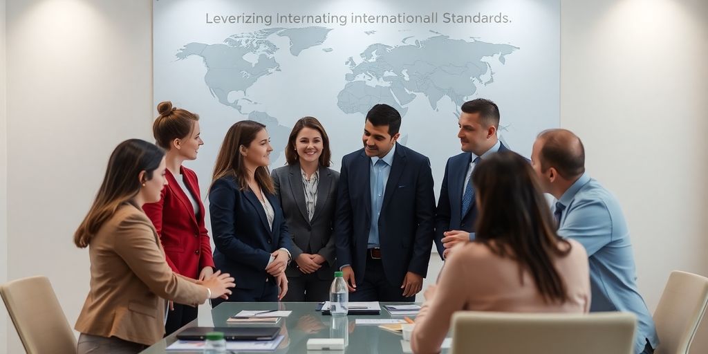 Verschiedene Fachleute in einer Besprechung über Standards.