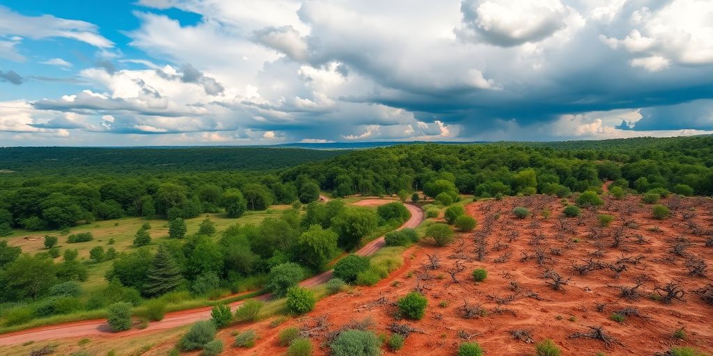 Landschaft mit grünem und kargem Land, klimawandel.