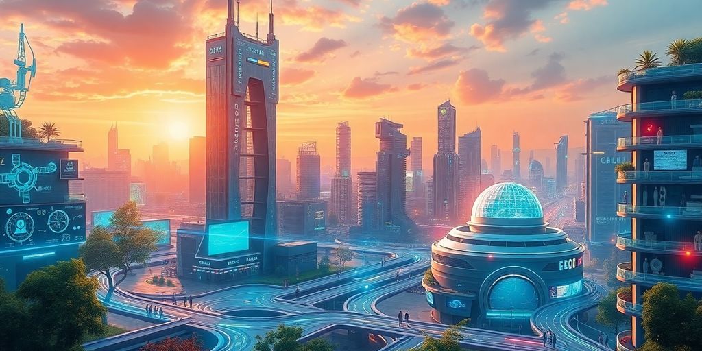 Futuristische Stadt mit Technologie und nachhaltiger Energie.