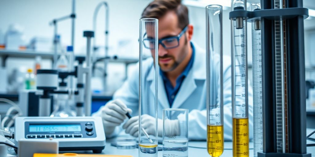 Wissenschaftler mit Laborgeräten und Präzisionsmesswerkzeugen.