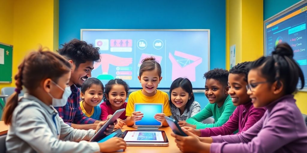 Bunte Klasse mit Schülern und interaktiver Technologie.