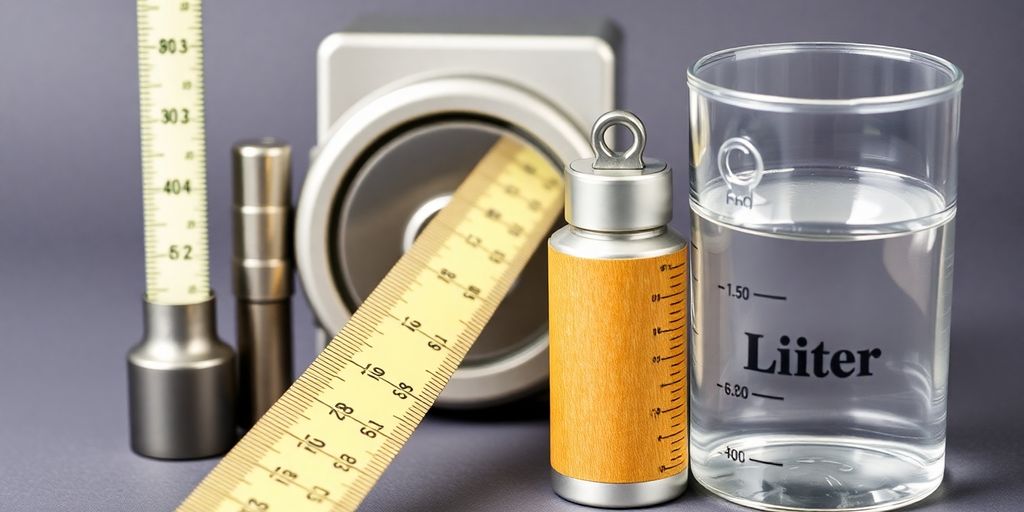 Nahaufnahme von SI-Einheiten, Meterstab, Kilogramm, Liter.