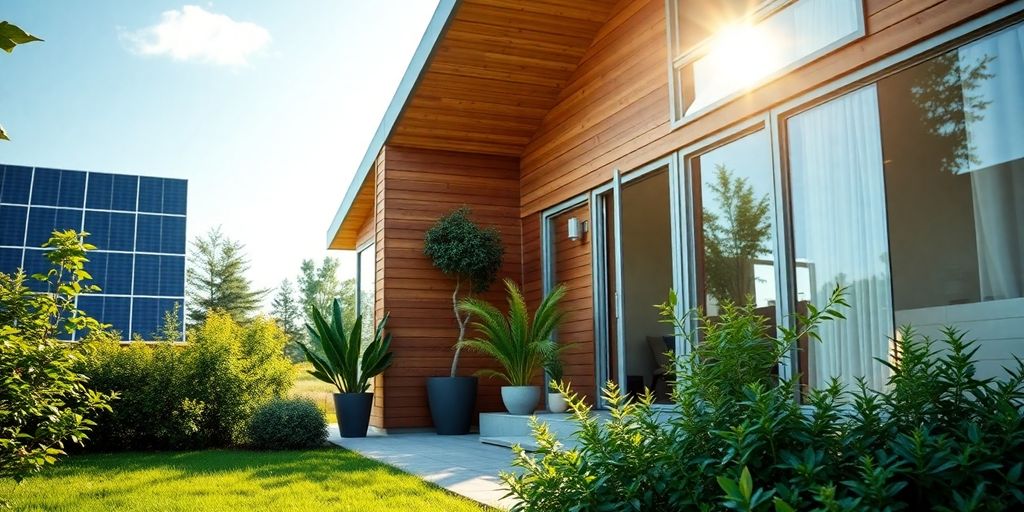 Energieeffizientes Haus mit Solarpanels und großen Fenstern.